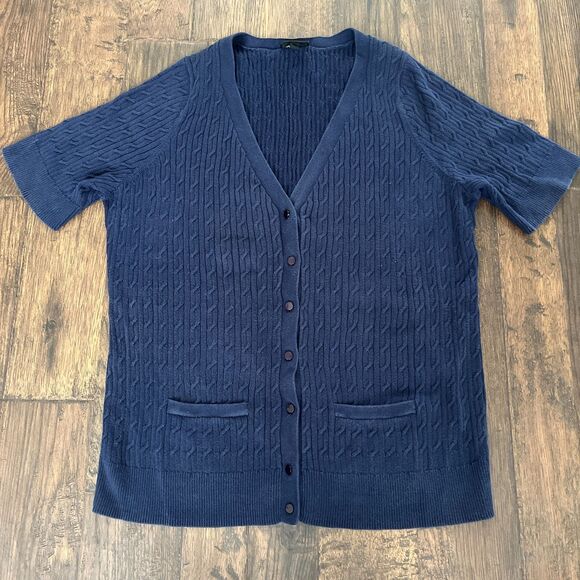 TALBOTS Sweater Women's XL Blue Button-Down Short Sleeve Pima Cotton - Picture 1 of 7